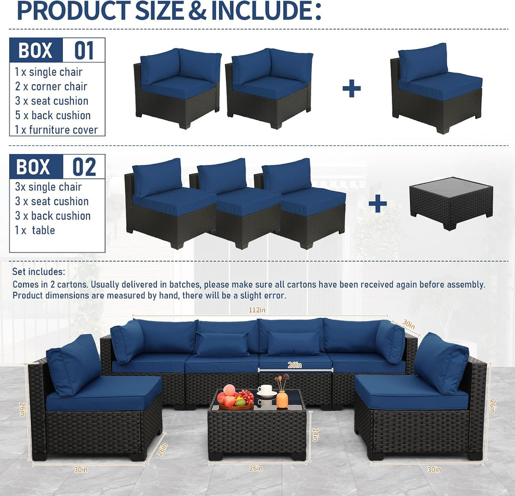 7 Pieces Outdoor Wicker Furniture Conversation Set Patio Sectional Sofa Set Glass Table with Non-Slip Cushions
