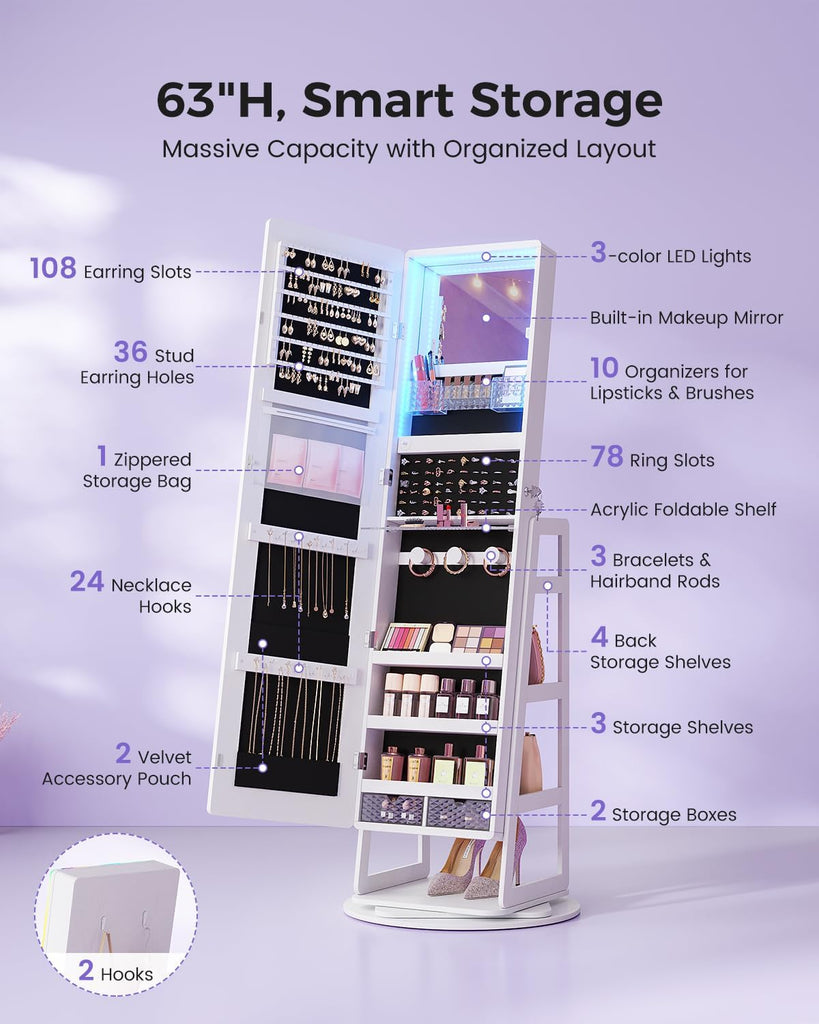 RGB Jewelry Cabinet with Full Length Mirror, 360° Rotating Lockable, 12-Zone Velvet Floor Standing Jewelry