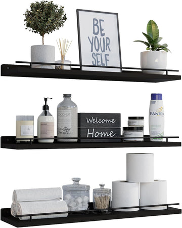 Floating Shelves 24 inch with Gold Metal Guardrail, Shelves for Wall Decor Set of 3, Wall Shelves , Plants, Picture