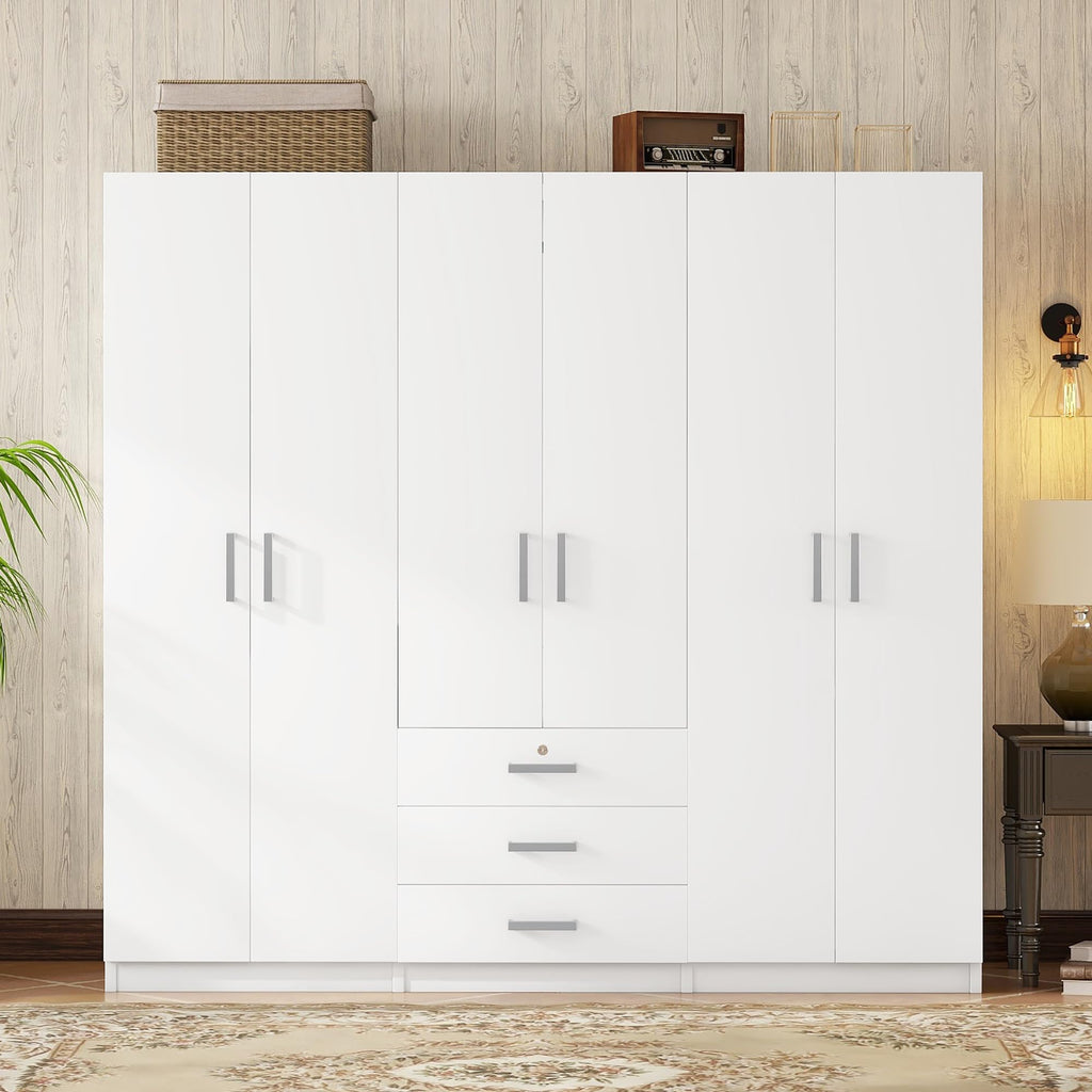 Modern 6-Doors Wooden Wardrobe with Silver Handles and Big Drawers, White