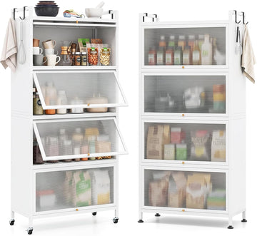5-Tier Kitchen Storage Cabinet, 4 PC Doors, Rolling Wheels (White) | Mobile Metal Pantry Cabinet with 4 Hooks &