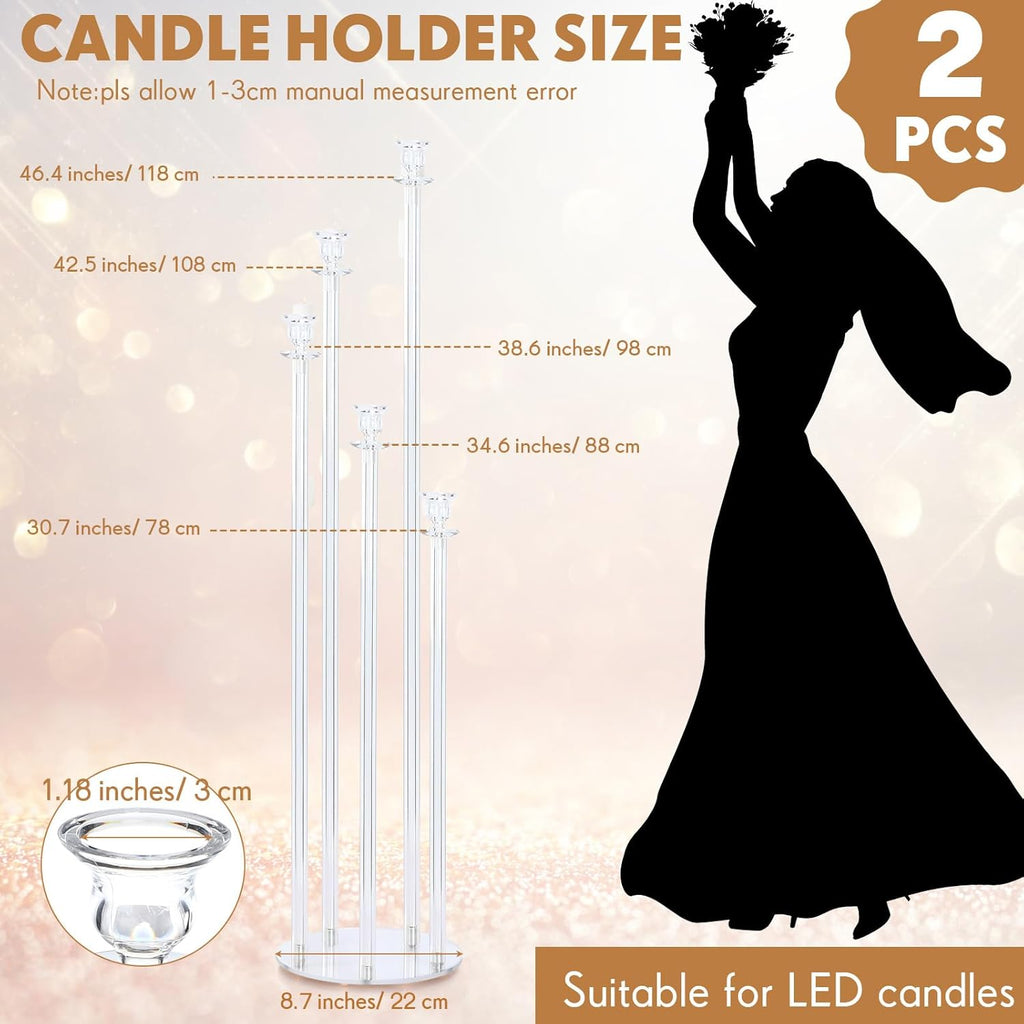 2 Pcs 5 Arm 46.4 x 8.7 Inch Acrylic Candelabra Centerpieces Holder Large Acrylic Candle Holder for Ceremony Floor