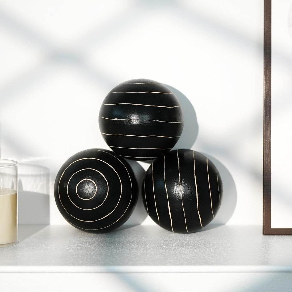 Decorative Orbs for Bowls and Vases, Circle Pattern, 4 inch Resin Round Sphere Balls, Set of 3, Living Room Coffee