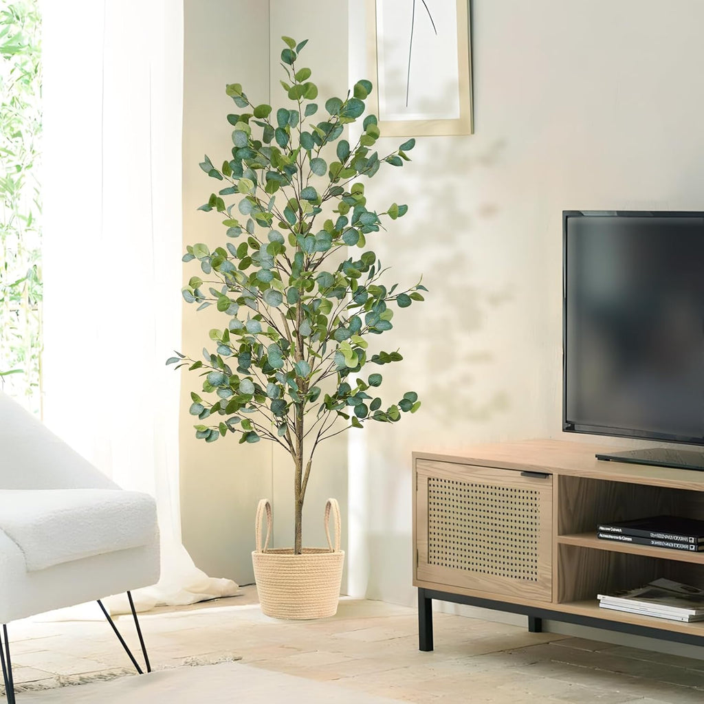 Faux Eucalyptus Tree 6FT, Artificial Potted Tree for Indoor Outdoor, Fake Floor Plants with Natural Wood Trunk, Home