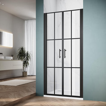 Double Pivot Shower Door 36" W x 75" H, Black Grid Shower Glass Door, 1/4" Tempered Glass, Semi-Frameless Shower Door