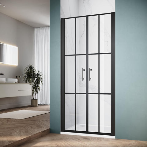 Double Pivot Shower Door 36" W x 75" H, Black Grid Shower Glass Door, 1/4" Tempered Glass, Semi-Frameless Shower Door