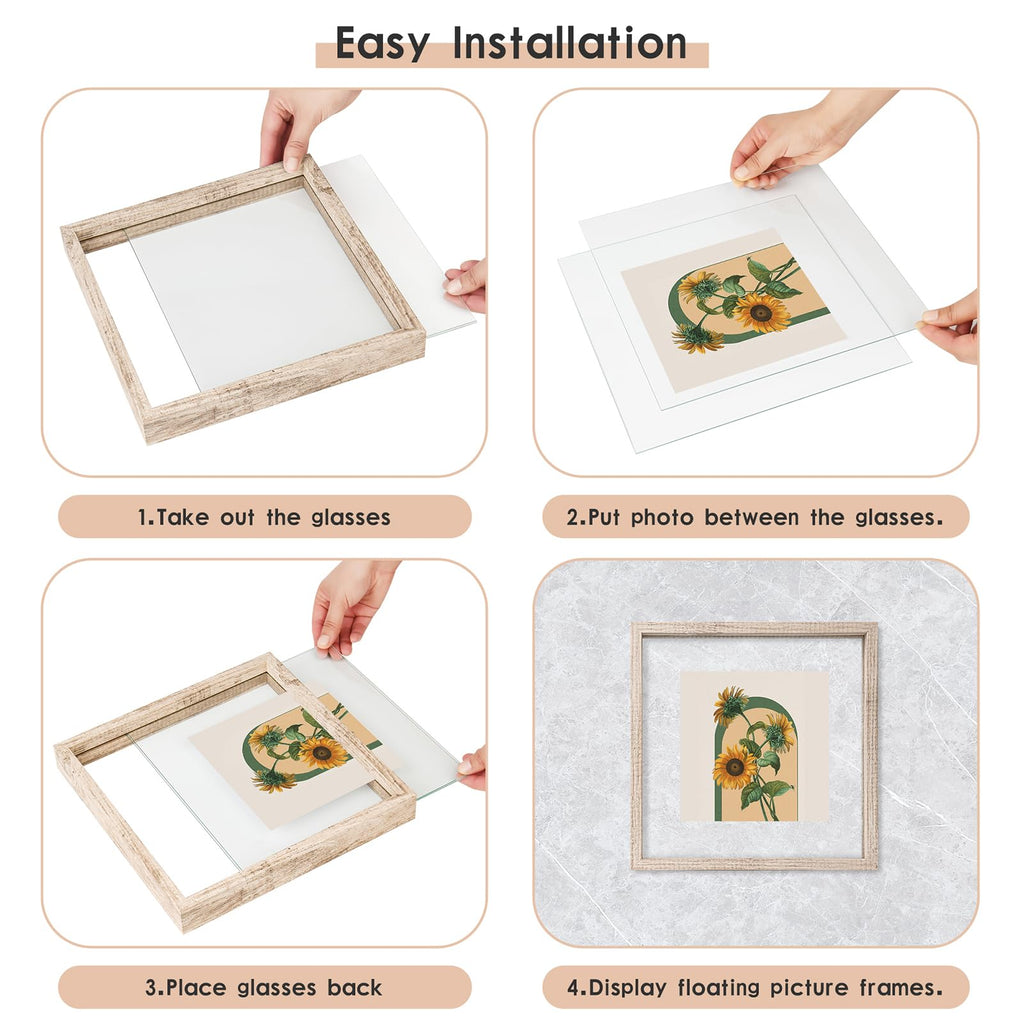 5x7 Floating Frames Distressed Beige White Wood Pattern, Double Glass Picture Frame Display Any Size Photo up to