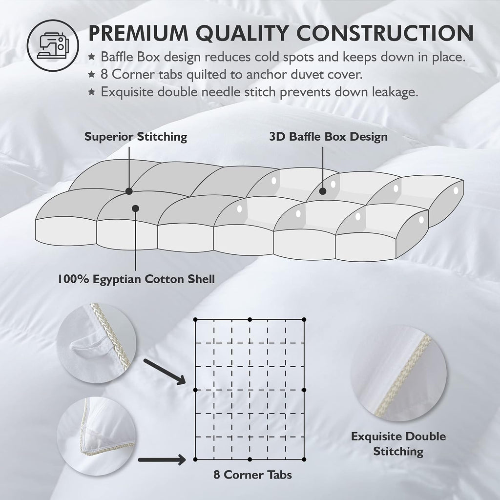 Luxurious All-Season Goose Down Feather Fiber Comforter Queen Duvet Insert, Exquisite Pinch Pleat Design, Premium