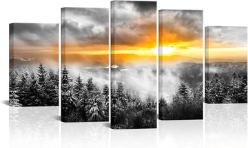 5 Panels Fog Mountain Canvas Wall Art Sunrise Misty Forest Print Picture Paintings Black and White Nature Artwork