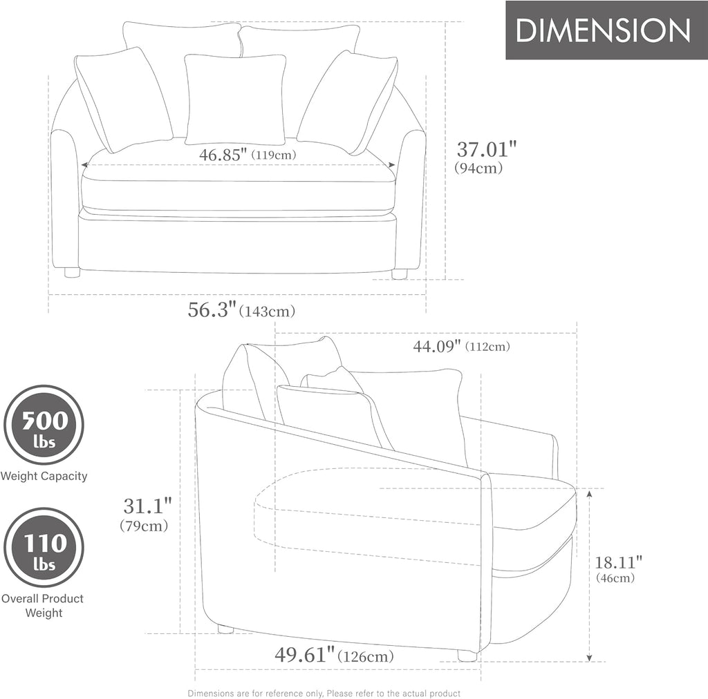 56" White Barrel Chaise Lounge Chair,Oversized Barrel Accent Chair with 2 Cushions and 3 Throw Pillows,Extra Deep