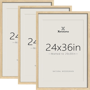 24x36 Poster Frames 3 Pack - Natural wood Movie Picture Frame | Display18x24 with Mat or 24x36 Without, Horizontal &