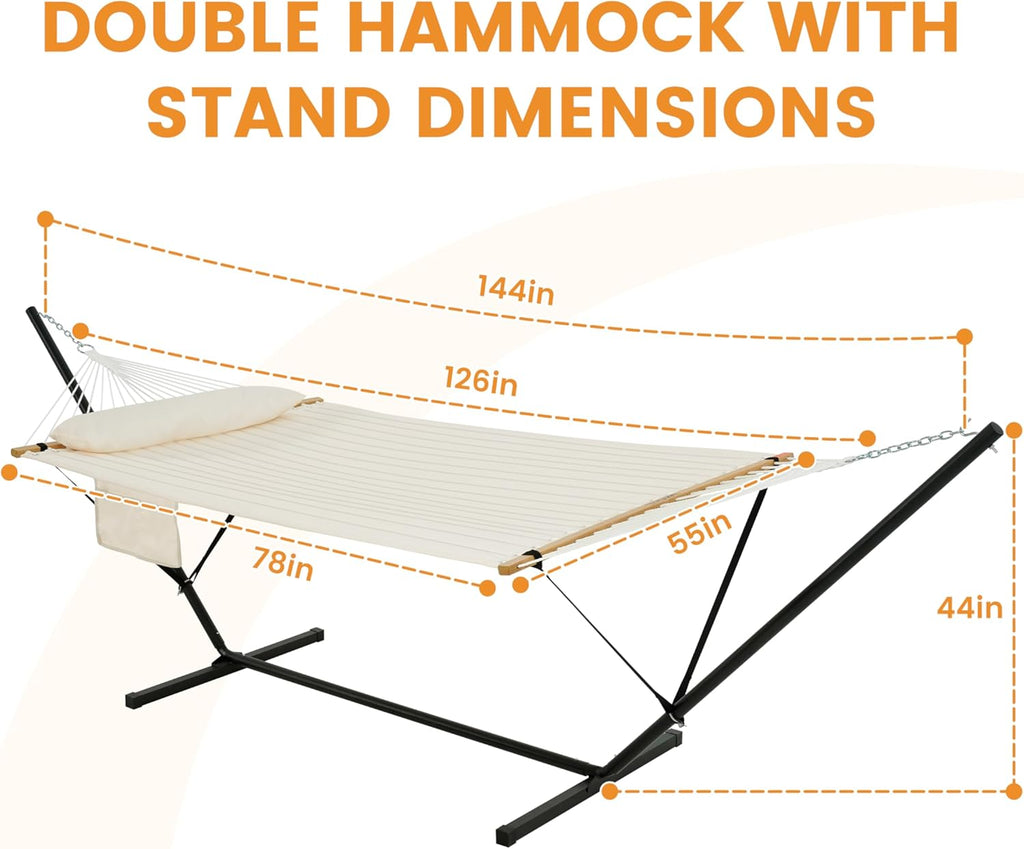 2 Person Hammock with 12FT Stand for Outside, Quilted Double Hammock with Detachable Pillow, Balance Strap & Carrying