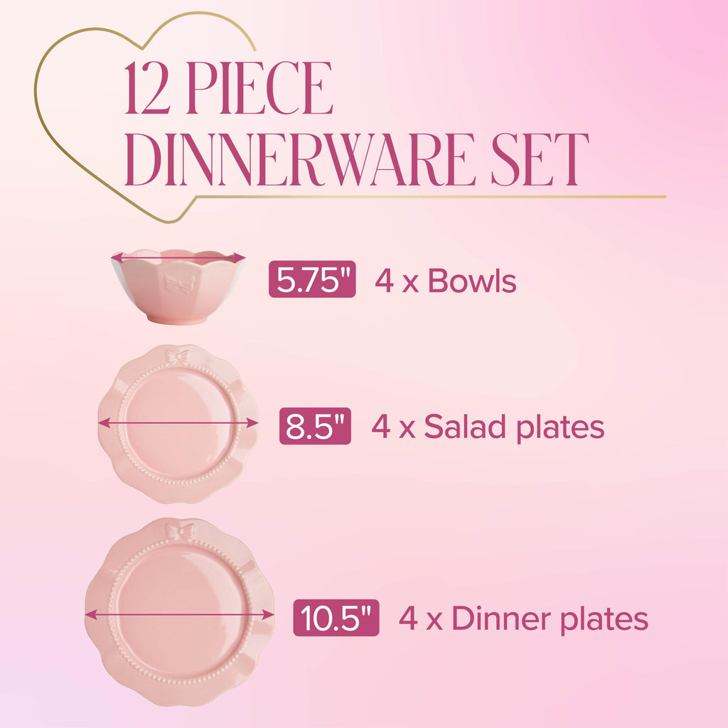 12-Piece Dinnerware Set, Embossed Bow Design, Iconic Ceramic Stoneware Service for 4 with Dinner Plates, Salad