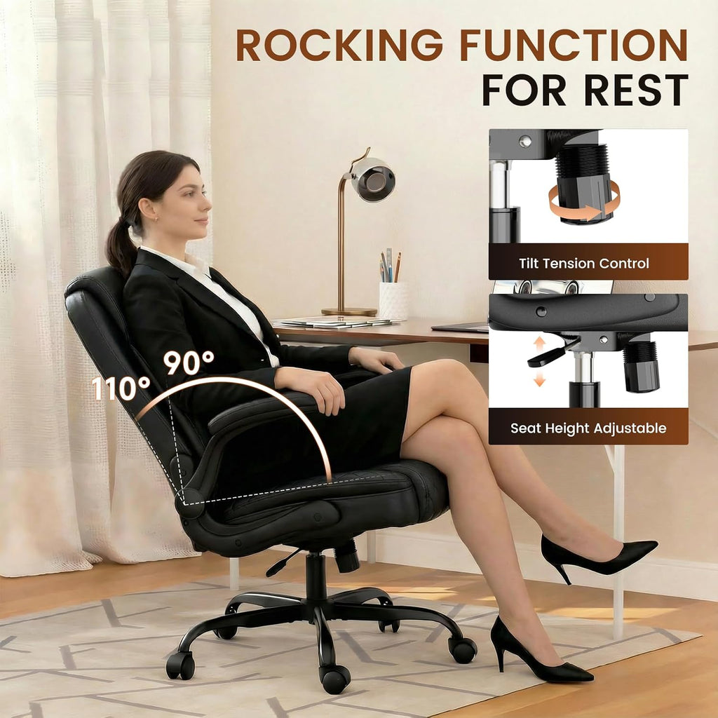 Leather, Home Desk Chair with Flip-up Arms and Ergonomic Back - Comfy Heavy Duty Executive Chair for Home Office