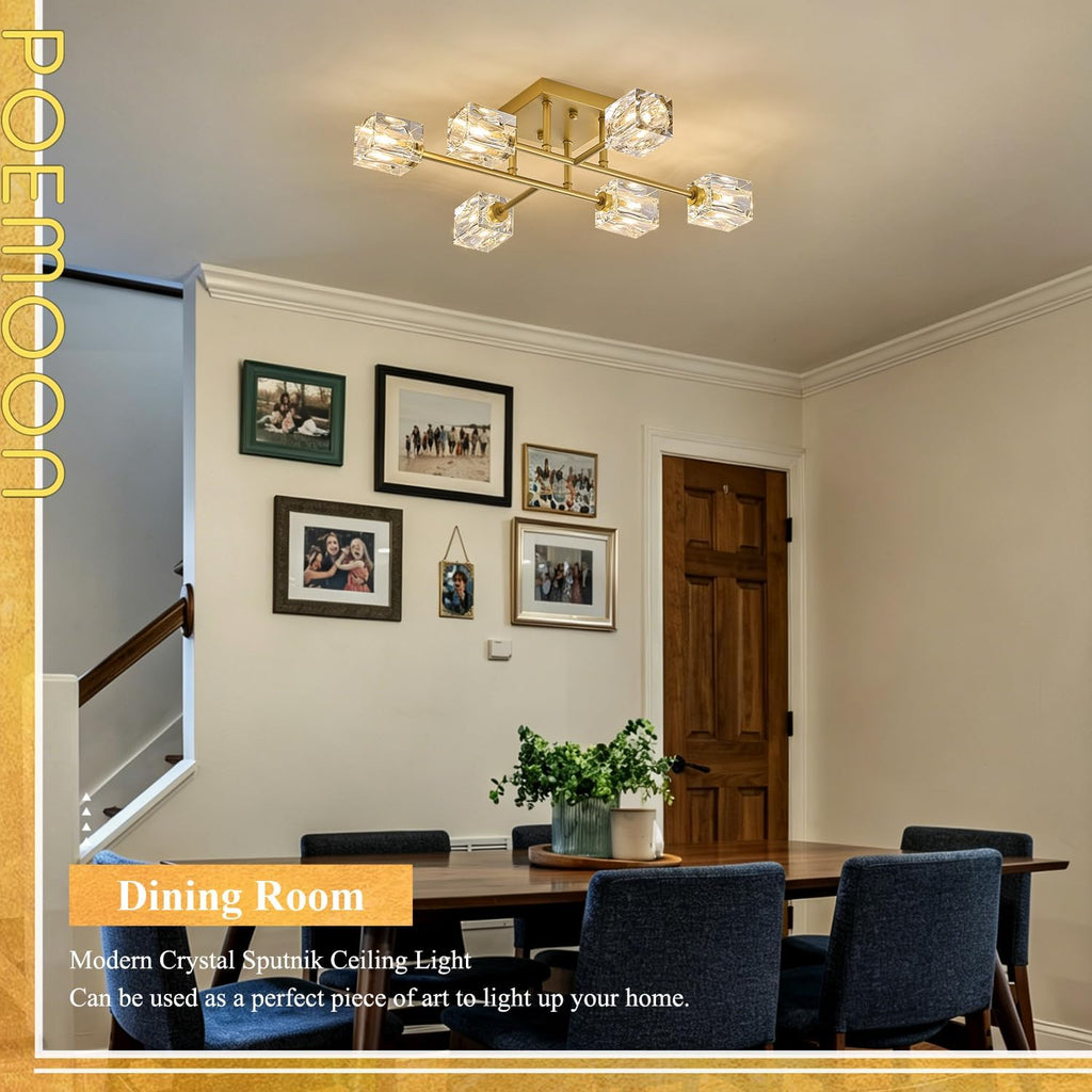 24" Gold 6-Light Luxury Semi Flush Mount Ceiling Light Modern K9 Crystal Kitchen Island Sputnik Chandelier for Dining