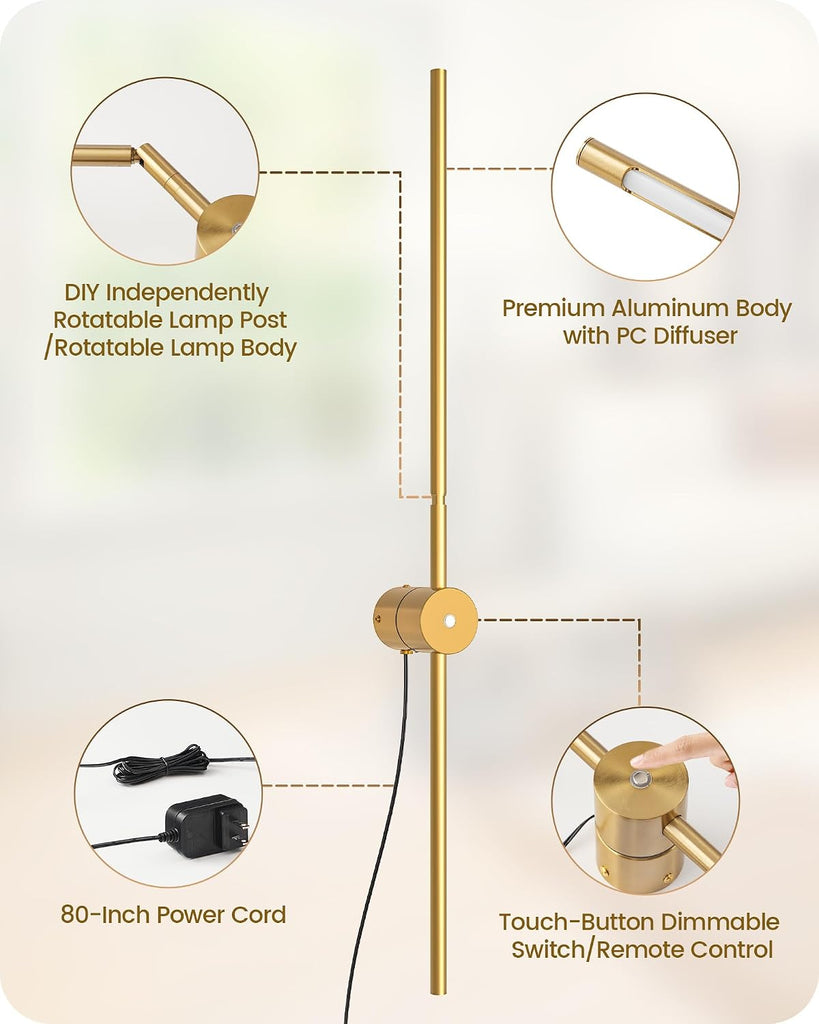 33" Wall Sconces Set of 2 with Remote Control, Dimming & 3 Color Temperatures, Plug-in Gold Wall Lights for Bedroom