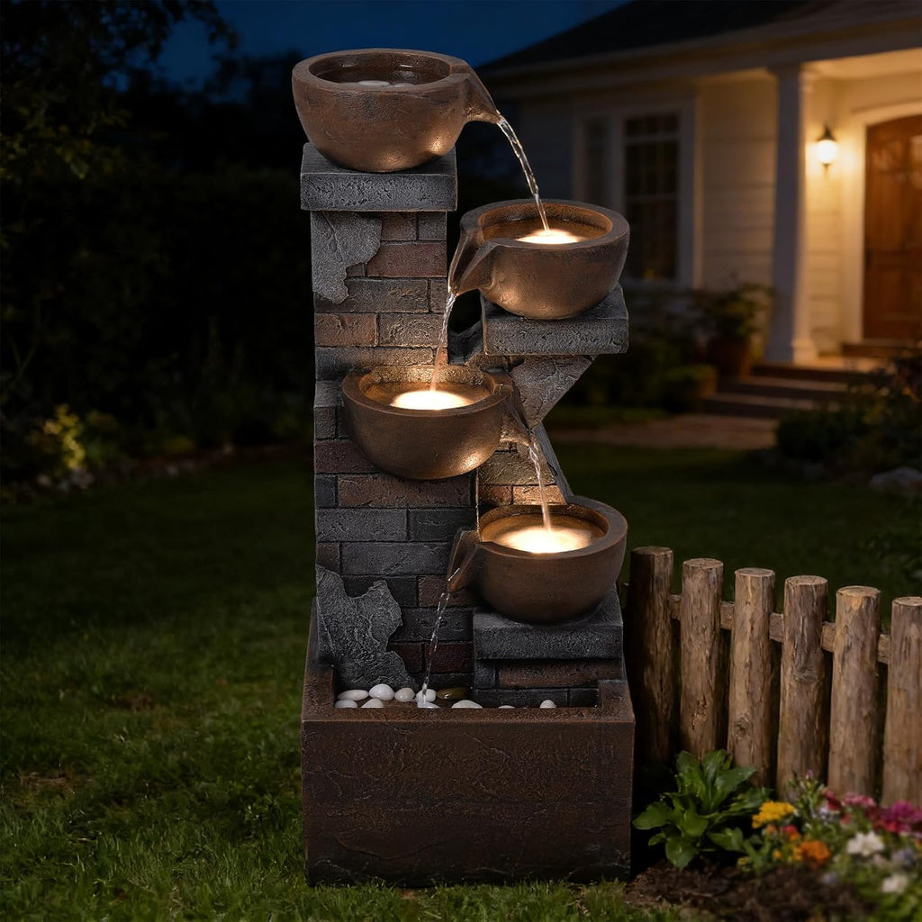 33.5" Tall Outdoor Water Fountain,4 Tiered Cascading Bowl Outdoor Freestanding Fountains with Light