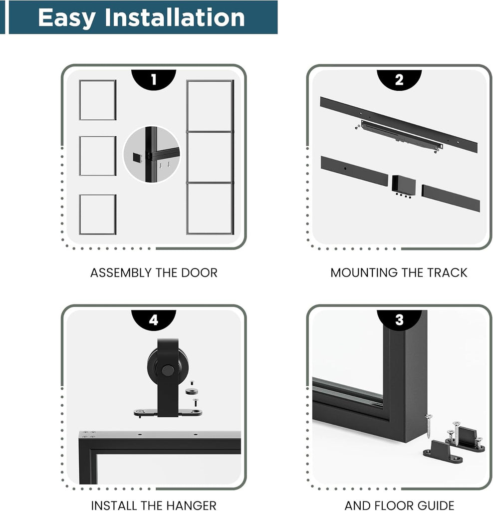 76 x 84 in Metal and Glass Sliding Double Barn Door with Installation Hardware Kit (Soft-Close Inclu