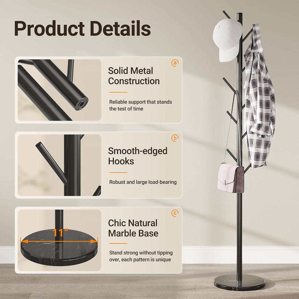 Coat Rack Freestanding, Metal Coat Rack with Natural Marble Base | 10 Hooks, 3 Adjustable Heights, Heavy Duty Coat