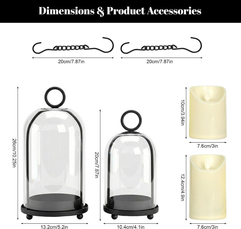 Hurricane Candle Holders Set of 2-10" & 7.8" Black Metal Base with Glass Dome, Includes 2 Pillar Candles, Hanging or