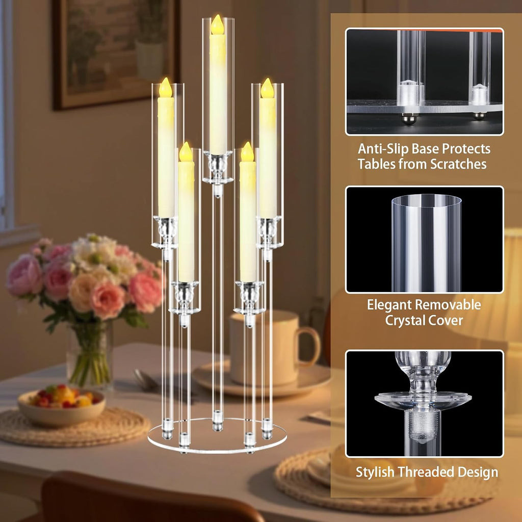 2 Sets 5 Arms Acrylic Candelabra Centerpieces for Tables, 27" Clear Candle Holder,Candlesticks Holder with LED Candles