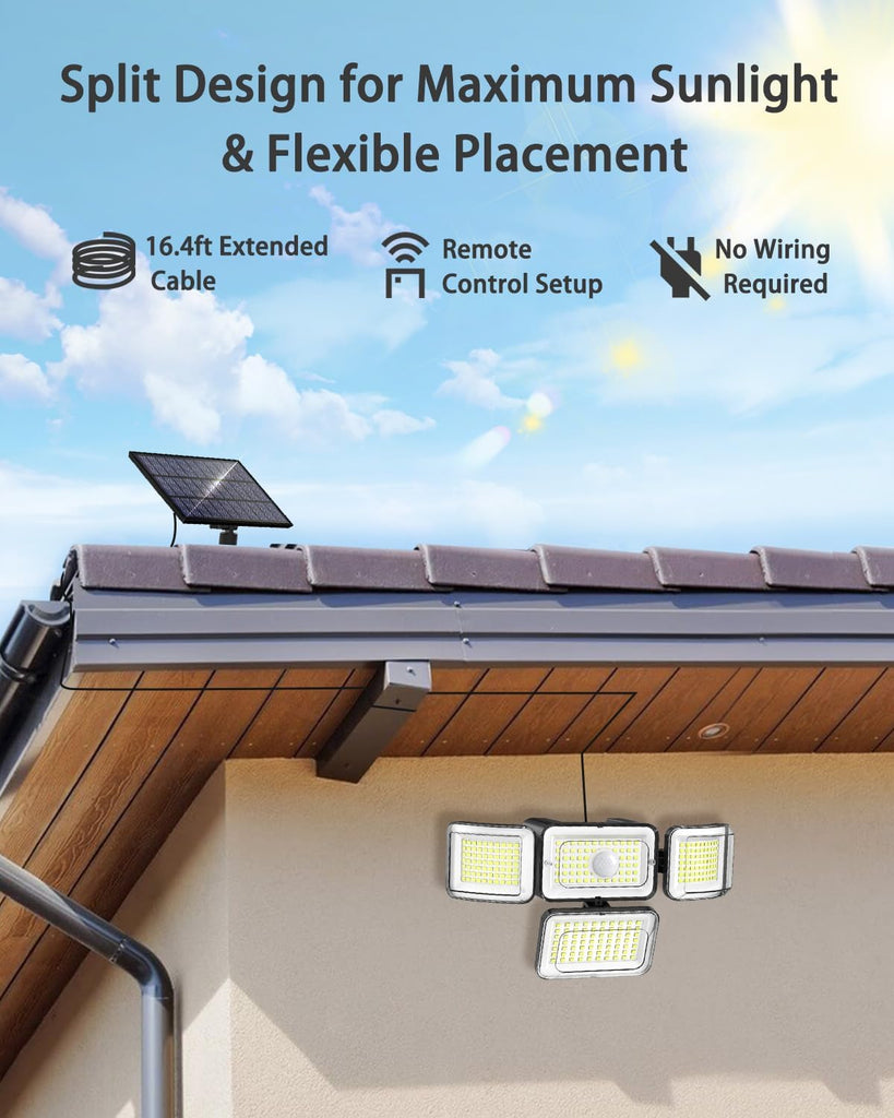 Solar Outdoor Lights Motion Sensor 3500LM 288 LED Solar Security Lights with Remote Control IP67 Waterproof 4 Heads