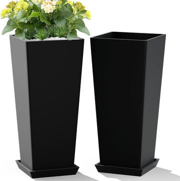 24-Inch Tall Planters for Outdoor Plants, Set of 2, Black | Square tapered planters with drainage trays for front