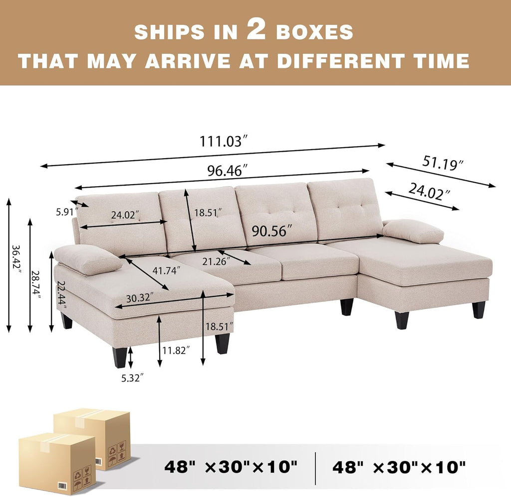 111" Sectional Couch for Living Room, Modern Polyester Fibre U Shaped Sofa Couches with Double Chaise