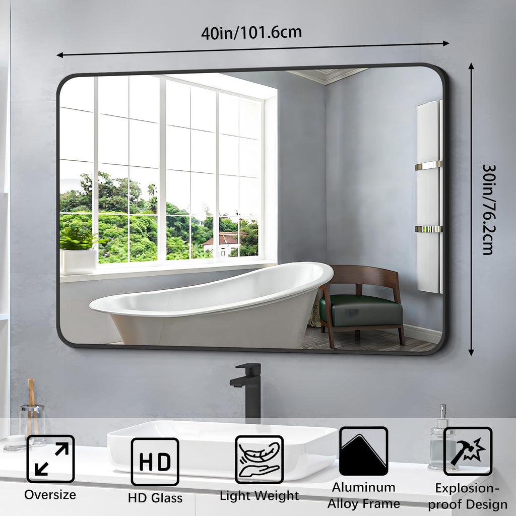Bathroom Mirror 30" X 40", Large Rectangular Wall Mirror, Black Metal Framed Rounded Corner Wall Mounted Mirror