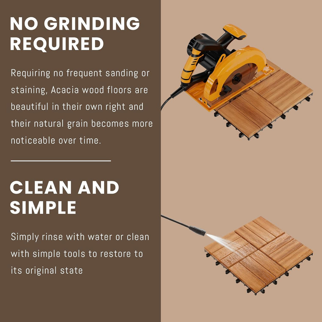 Solid Gold Acacia Wood Interlocking Deck Tiles - Waterproof Snap Together Patio Flooring for All Weather Use on