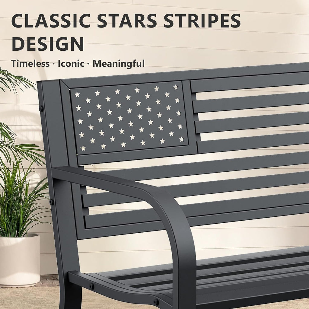 Outdoor Bench, Sturdy Metal Garden Bench with Classic Stars and Stripes Design Metal Backrest, 2-Person Patio Bench