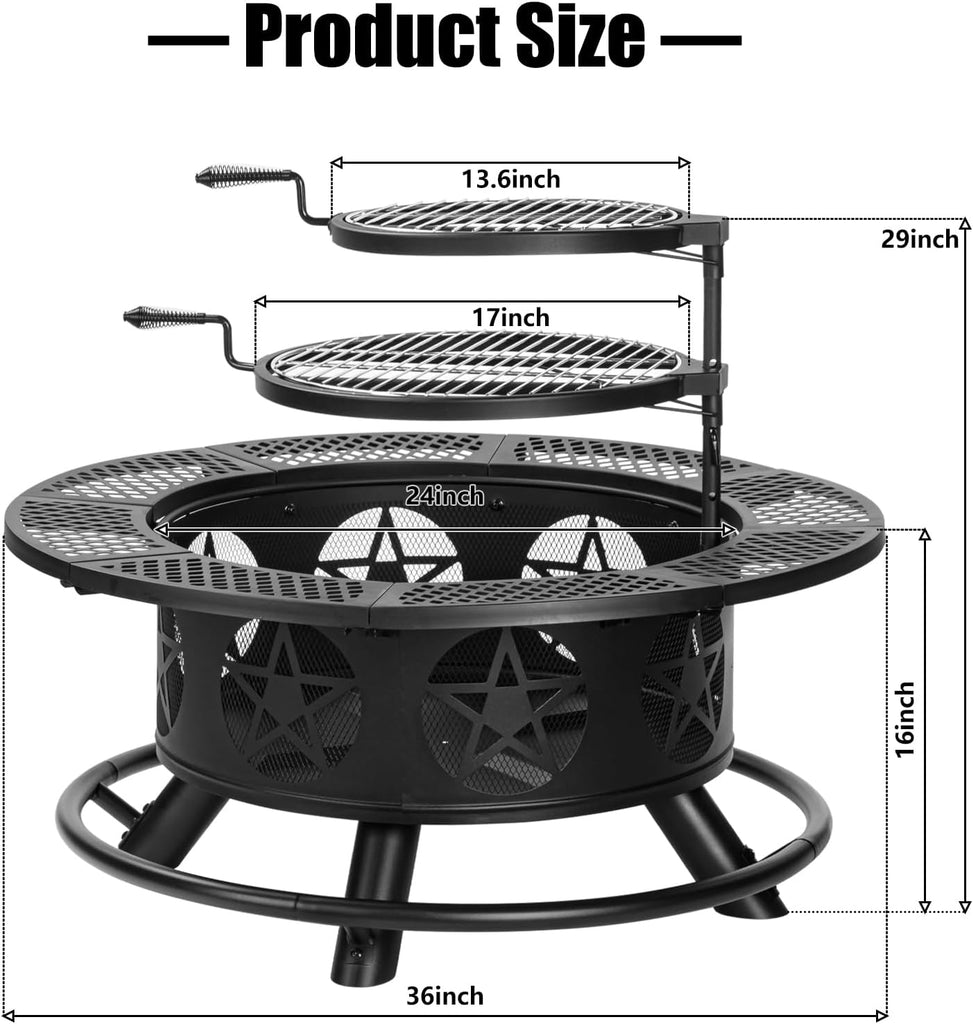 36 Inch Fire Pit with 2 Grills, Wood Burning Fire Pits for Outside with Lid & Poker