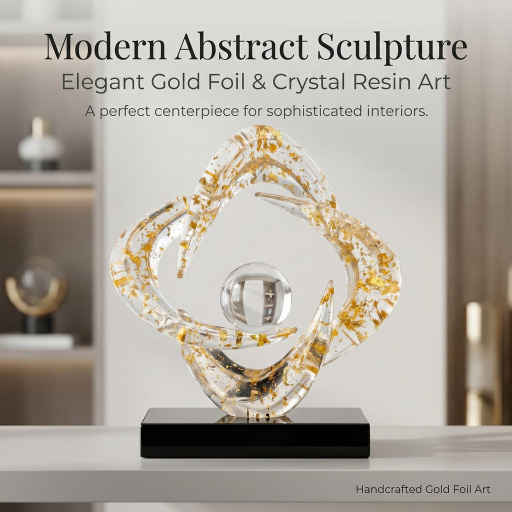Modern Abstract Sculpture Decor, 10.8" Gold Resin Art Statue | Clear Gold Resin Art Statue for Coffee Table