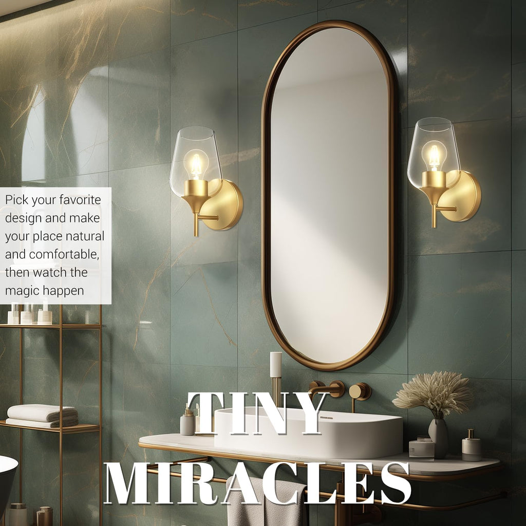 Gold Sconces Wall Lighting Set of 2, Bathroom Wall Lighting Fixtures Brass, Modern and Vintage Wall Lights with Clear