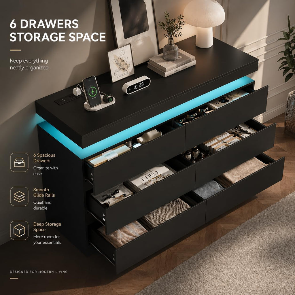 6 Drawer Dresser with LED Lights & Charging Station, Modern Floating Black Dresser , Smart Storage Chest with 2 AC