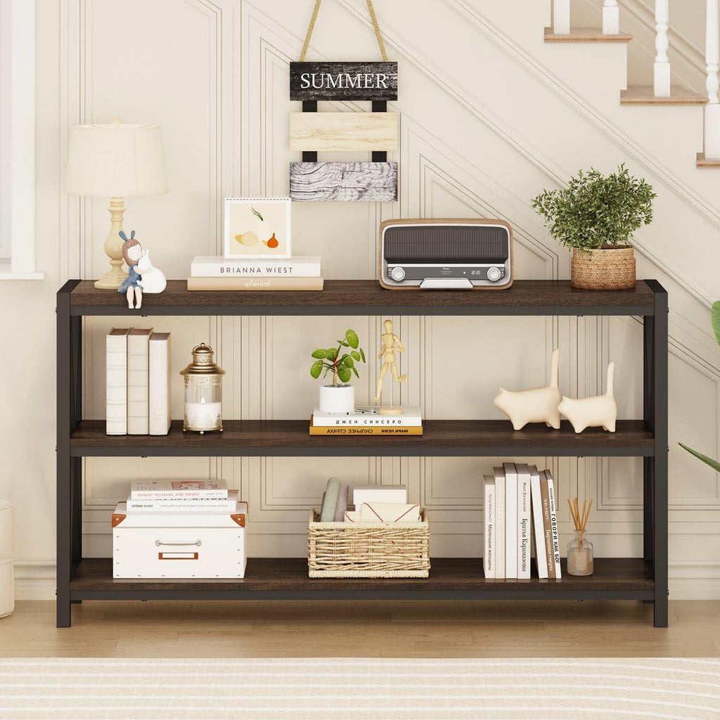 Console Table , Modern Entry Table with 3 Tier Shelves, Couch Tables Behind Sofa (55 Inch, Dark Walnut)