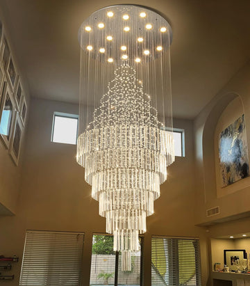 W40 x H120 Glam Chandelier with LED Bulbs Crystal Raindrop High Ceiling Pendant Light for Entrance Large Villa Chandelier Foyer Lighting Fixtures Silver