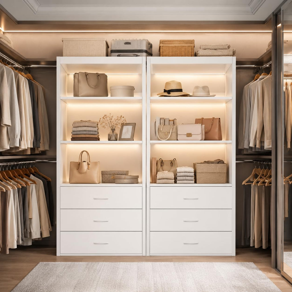 24"W Closet Organizer System with 3 Drawers & Shelves, White | DIY Modular Closet Organizer, Freestanding Wood Closet