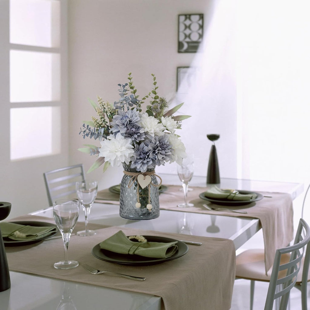 Fake Flowers in Vase,8 Dahlias,Silk Artificial Flowers in Vase,Centerpiece Table Decorations,Faux Flowers in Vase