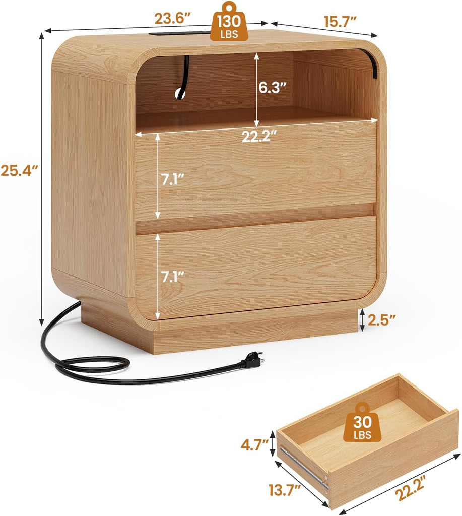 25" Tall Modern Nightstand with Charging Station, 23.6" Wide Wood Bedside Table w/2 Storage Drawers, Curved Profile