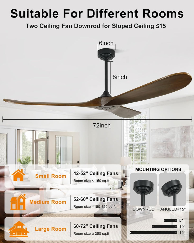 72" Ceiling Fans without Lights, Wood Large Ceiling Fan no Light with Remote Alexa Google App