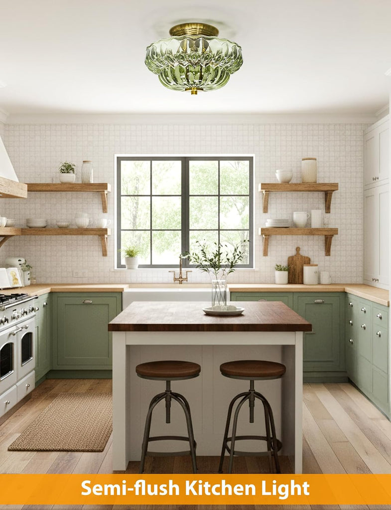 11" Semi-Flush Mount Ceiling Light,3-Bulb Green Glass Hallway Light Fixture | Indoor Lighting,Gold Close to Ceiling