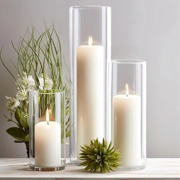 24-Pc White Pillar Candles & Clear Hurricane Glass Candle Holders, 3 Sizes | 12 dripless candles + 12 clear