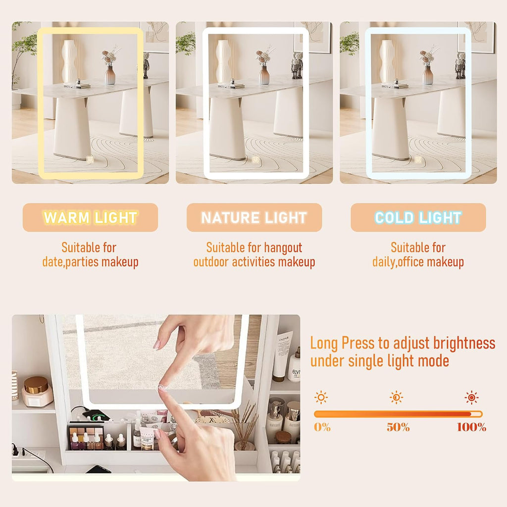 Vanity Desk with Mirror and LED Lights, Makeup Vanity Set with Power Outlet, and Stool,Jewelry Storage,White Vanity