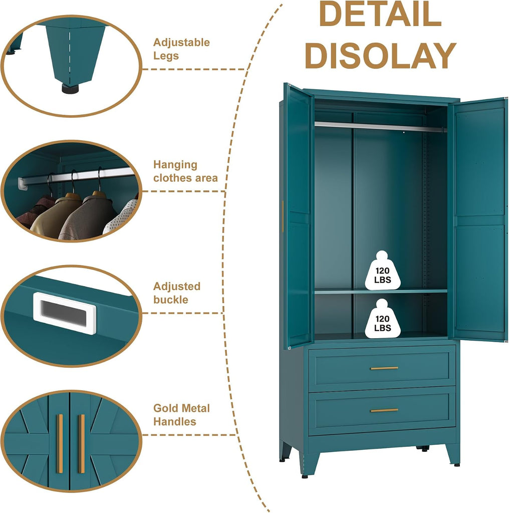 Metal Armoire Wardrobe Closet, Bedroom Armoires with Drawers | 71'' Metal Wardrobe Cabinet with 2 Doors and 2
