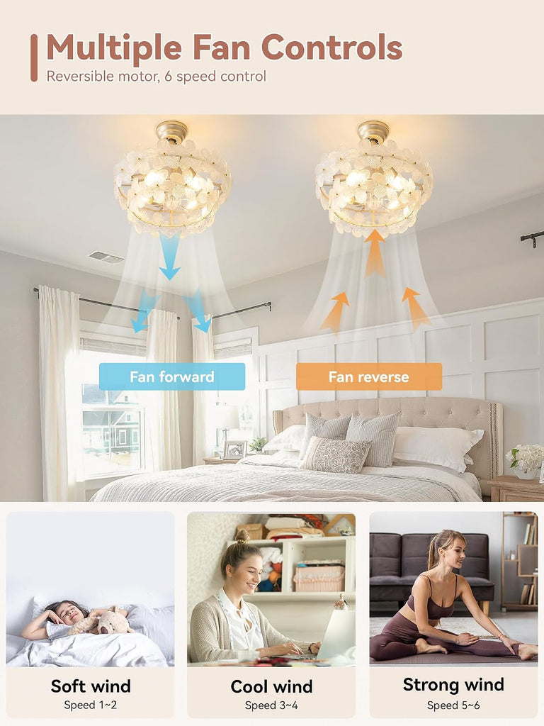20" Gold Crystal Fandelier Ceiling Fans with Lights, Gold Flower Chandelier Ceiling Fan with Light Remote Control