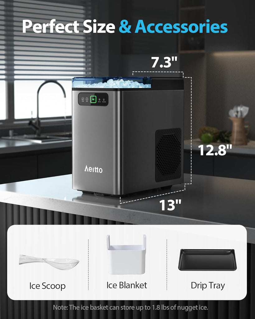 Nugget Ice Maker 40Lbs/24H, Countertop Soft Chewable Ice Pebble Ice Machine, One-Click Operation, Auto Self-Cleaning