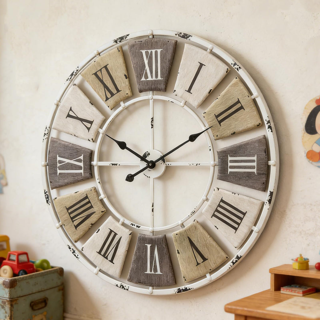 32" Distressed Metal Wall Clock, Roman Numeral Farmhouse Decor