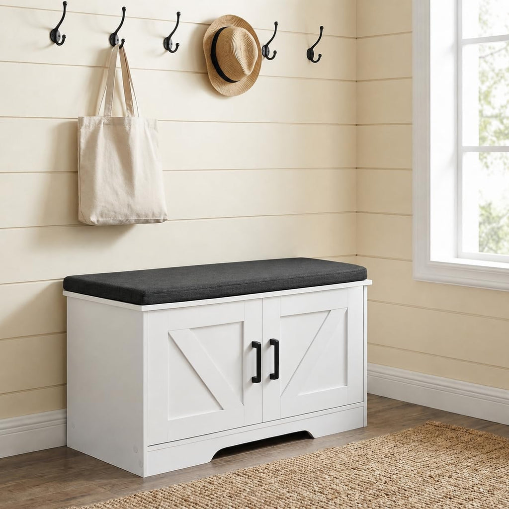 Farmhouse Shoe Storage Bench with 2 Barn Doors & Padded Seat Cushion | 27.6" Wide Entryway Bench with Adjustable