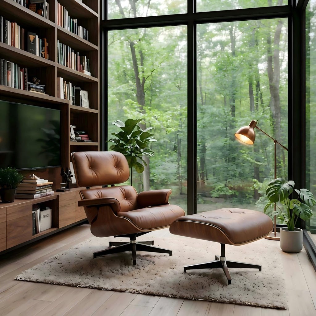 Modern Chaise Lounge Chair and Ottoman — Leather